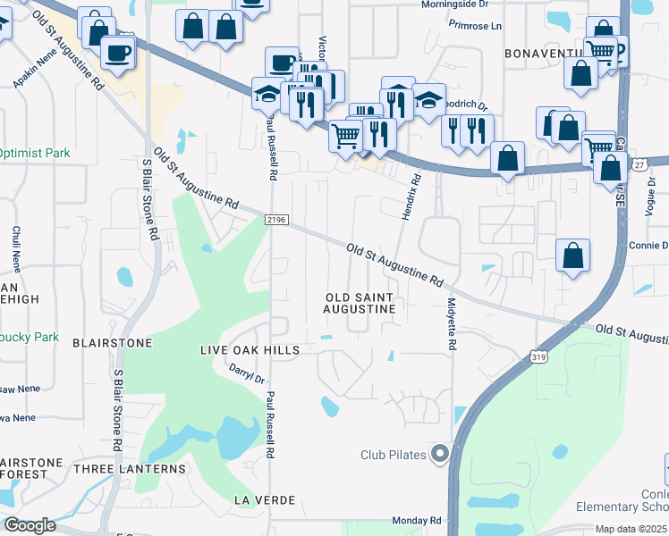 map of restaurants, bars, coffee shops, grocery stores, and more near 1536 Pine Forest Drive in Tallahassee