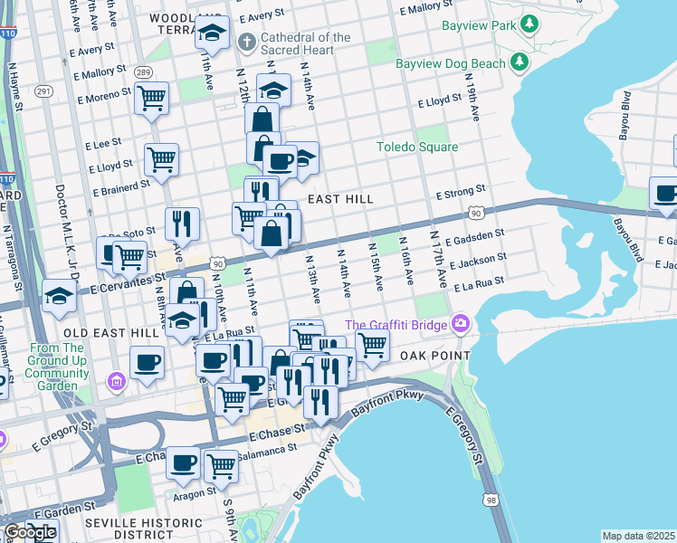 map of restaurants, bars, coffee shops, grocery stores, and more near 1300 East Gadsden Street in Pensacola