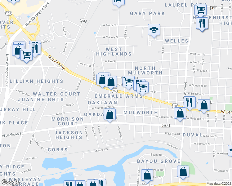 map of restaurants, bars, coffee shops, grocery stores, and more near 3627 Mobile Highway in Pensacola