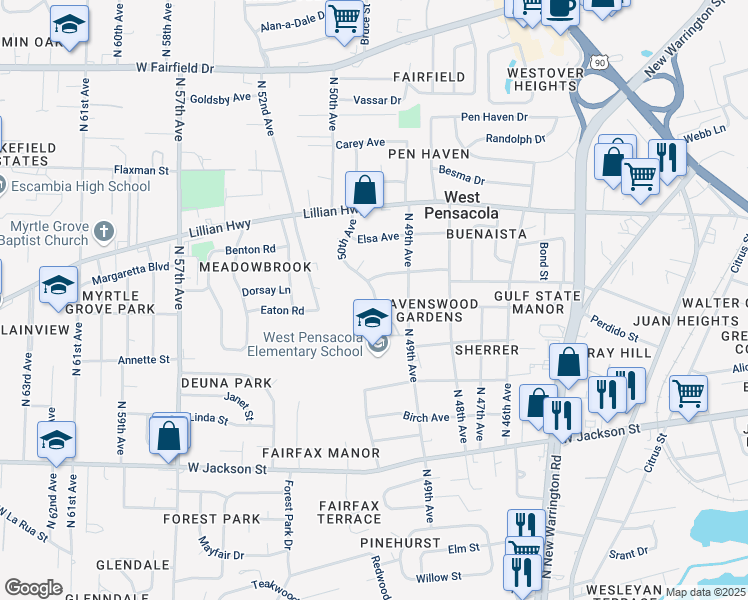 map of restaurants, bars, coffee shops, grocery stores, and more near 1003 50th Avenue in Pensacola