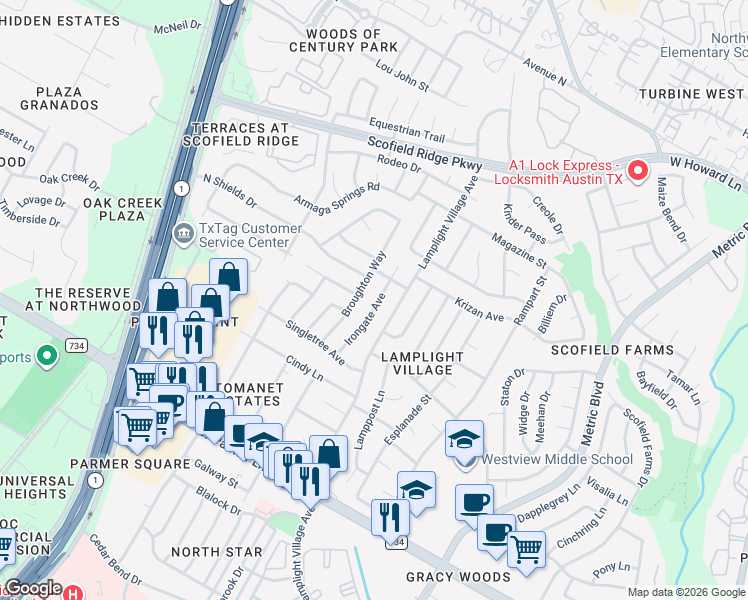 map of restaurants, bars, coffee shops, grocery stores, and more near 12910 Irongate Avenue in Austin