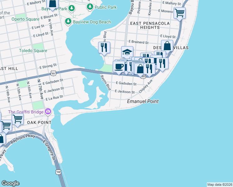 map of restaurants, bars, coffee shops, grocery stores, and more near 2861 East Jackson Street in Pensacola
