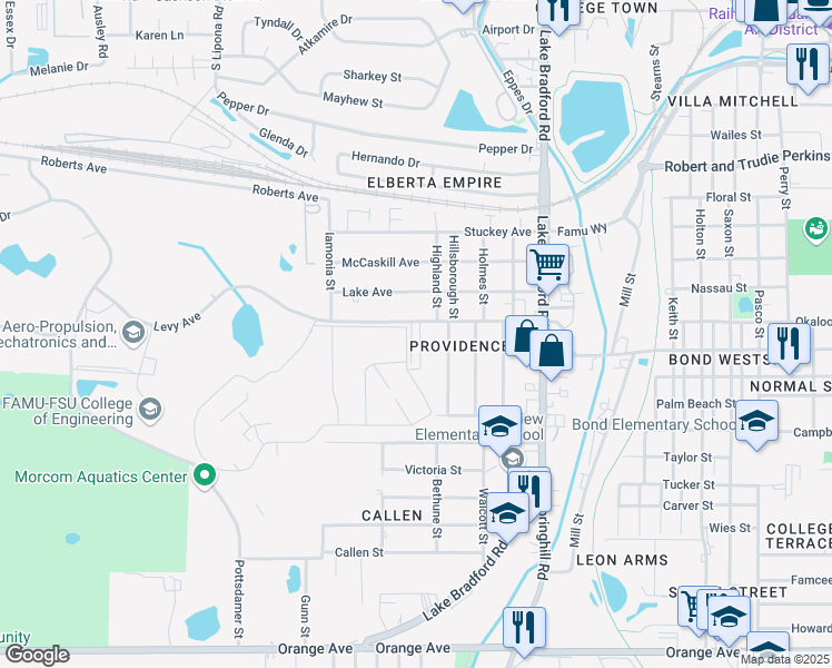 map of restaurants, bars, coffee shops, grocery stores, and more near 1517 Levy Avenue in Tallahassee