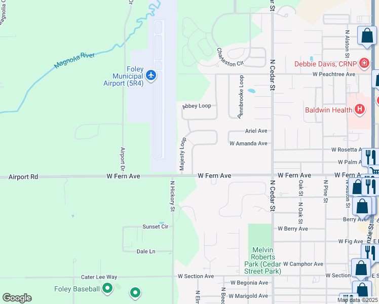 map of restaurants, bars, coffee shops, grocery stores, and more near 1363 Majesty Loop in Foley