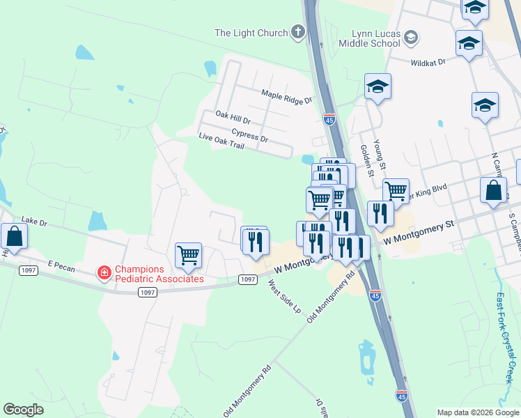 map of restaurants, bars, coffee shops, grocery stores, and more near 12540 Canyon Hill Drive in Willis