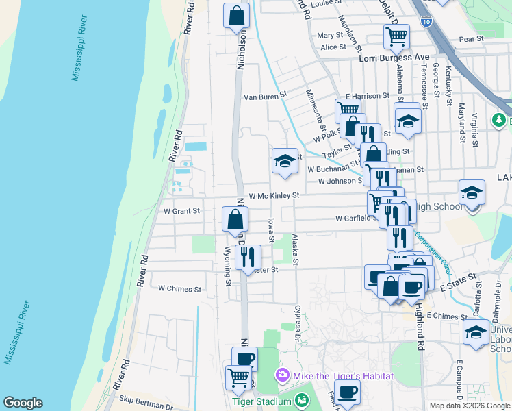 map of restaurants, bars, coffee shops, grocery stores, and more near 838 West Grant Street in Baton Rouge