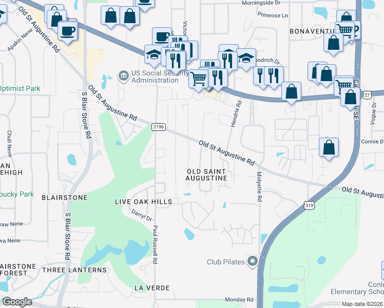 map of restaurants, bars, coffee shops, grocery stores, and more near 1536 Pine Forest Drive in Tallahassee