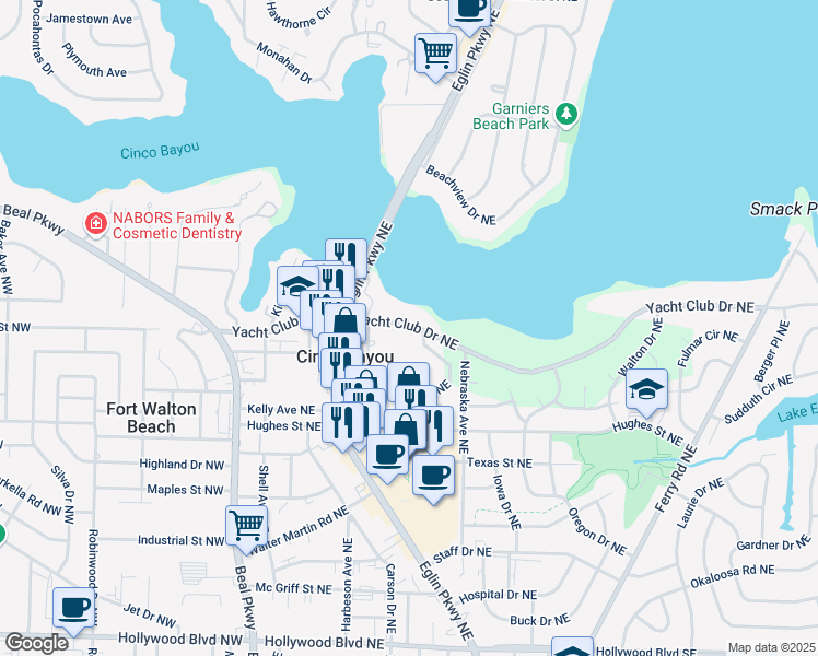 map of restaurants, bars, coffee shops, grocery stores, and more near 60 Yacht Club Drive Northeast in Fort Walton Beach