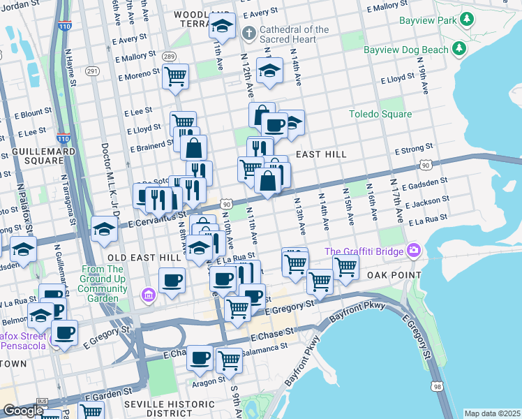 map of restaurants, bars, coffee shops, grocery stores, and more near 1102 East Gadsden Street in Pensacola