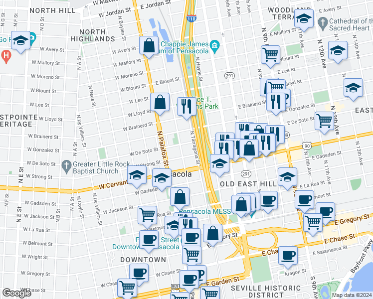 map of restaurants, bars, coffee shops, grocery stores, and more near 947 North Guillemard Street in Pensacola