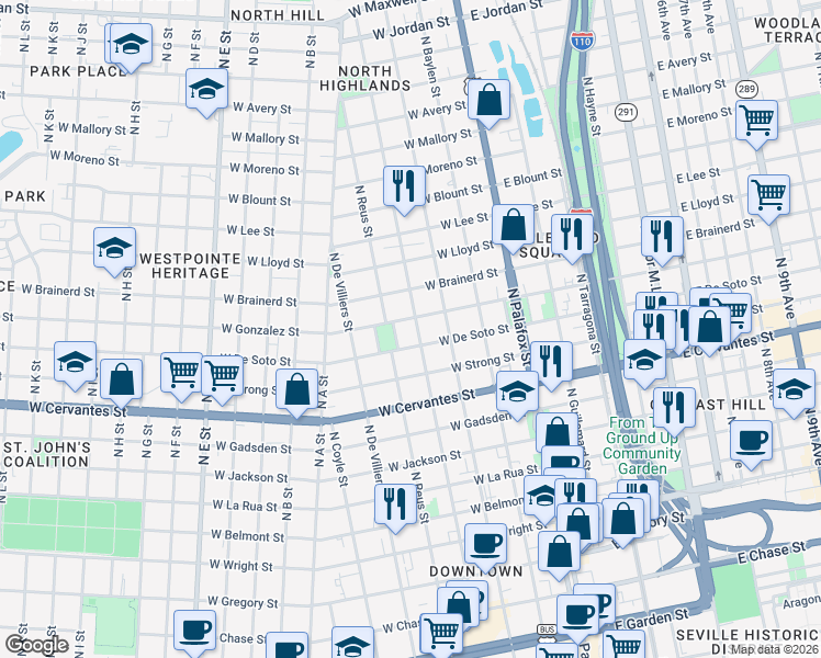 map of restaurants, bars, coffee shops, grocery stores, and more near 1013 North Barcelona Street in Pensacola