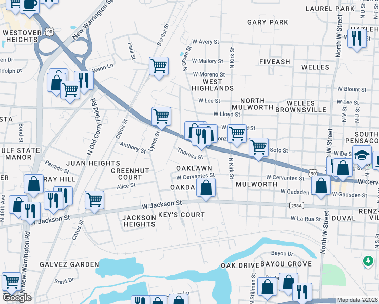 map of restaurants, bars, coffee shops, grocery stores, and more near 3715 Theresa Street in Pensacola
