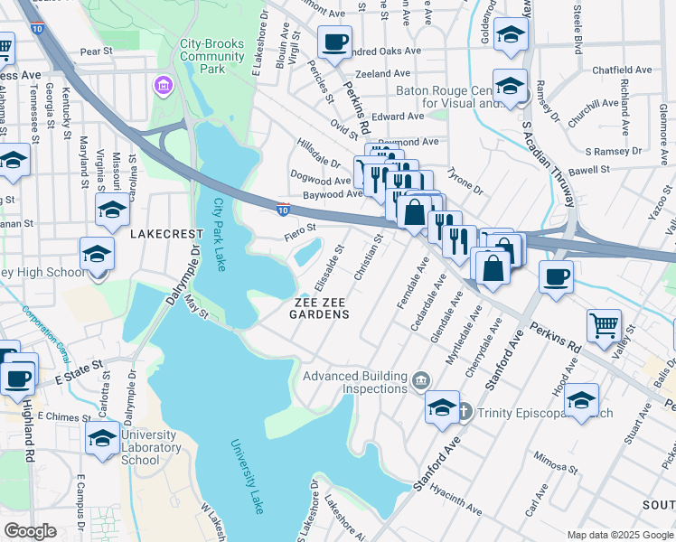 map of restaurants, bars, coffee shops, grocery stores, and more near 2191 Christian Street in Baton Rouge