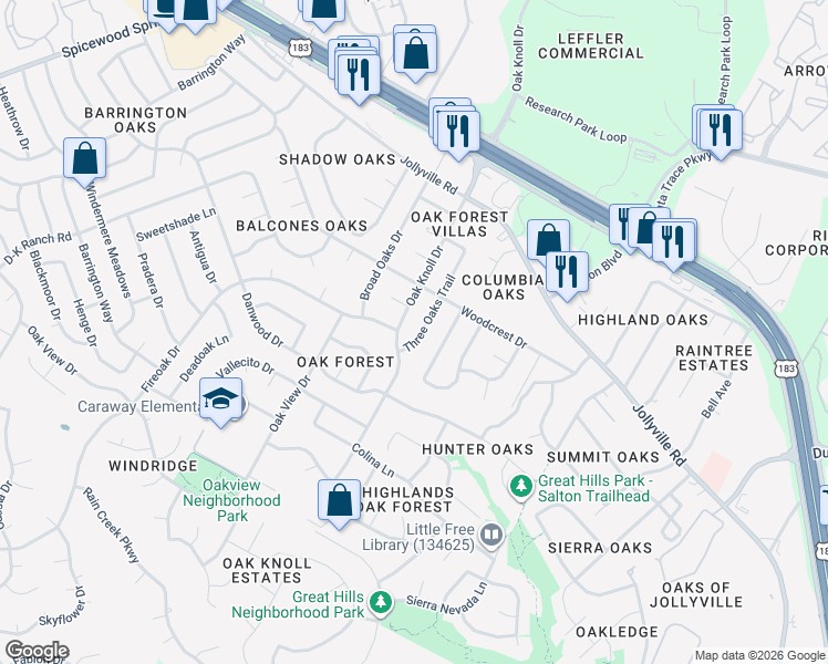 map of restaurants, bars, coffee shops, grocery stores, and more near 11521 Oak Knoll Drive in Austin