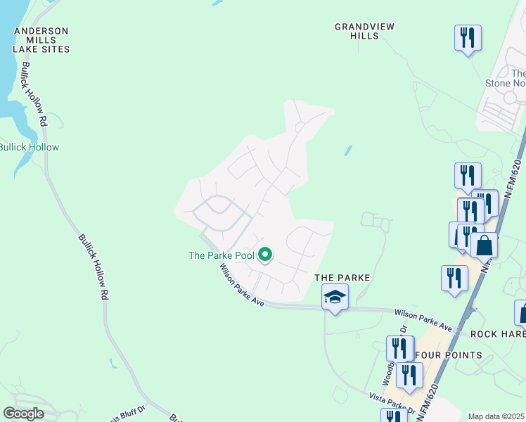 map of restaurants, bars, coffee shops, grocery stores, and more near 8107 Davis Mountain Pass in Austin