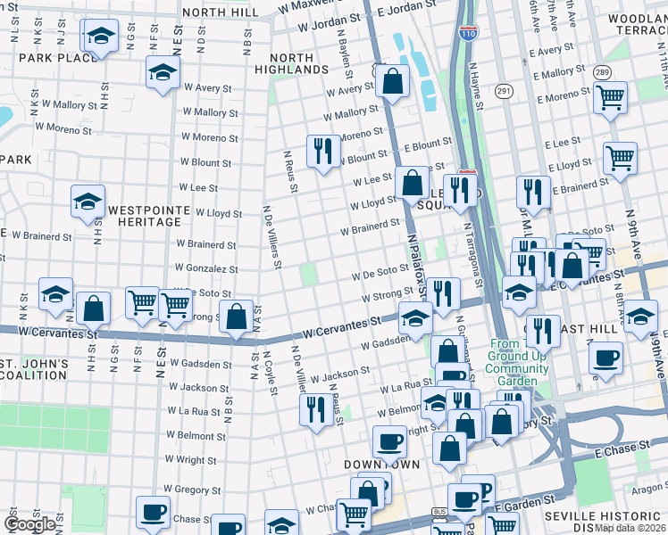 map of restaurants, bars, coffee shops, grocery stores, and more near 1013 North Barcelona Street in Pensacola