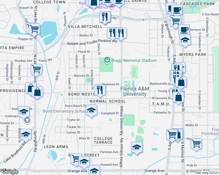 map of restaurants, bars, coffee shops, grocery stores, and more near 532 Kissimmee Street in Tallahassee
