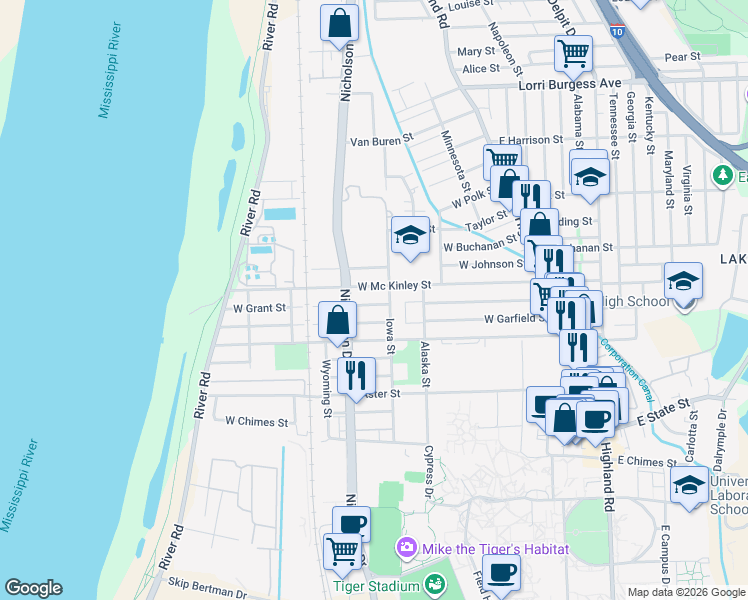map of restaurants, bars, coffee shops, grocery stores, and more near 838 West Grant Street in Baton Rouge