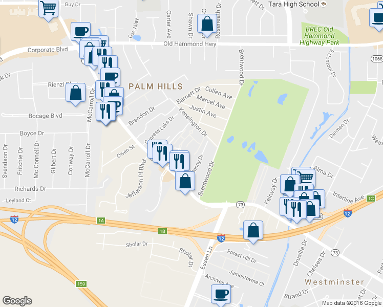 map of restaurants, bars, coffee shops, grocery stores, and more near 7954C Wrenwood Blvd in Baton Rouge