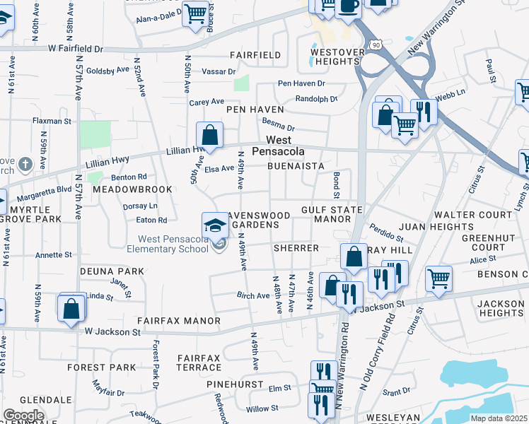 map of restaurants, bars, coffee shops, grocery stores, and more near 4800 State Street in Pensacola