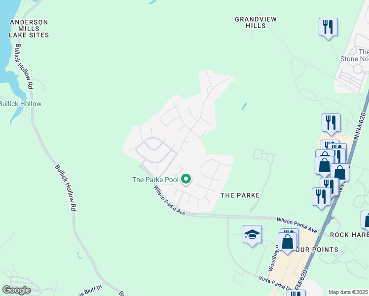 map of restaurants, bars, coffee shops, grocery stores, and more near 8107 Davis Mountain Pass in Austin