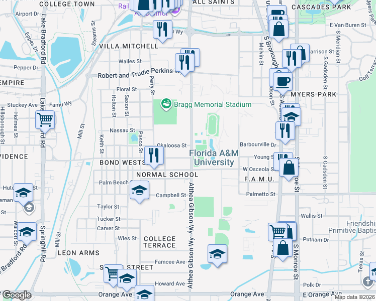 map of restaurants, bars, coffee shops, grocery stores, and more near 507 Okaloosa Street in Tallahassee