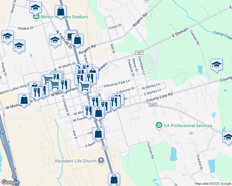 map of restaurants, bars, coffee shops, grocery stores, and more near 212 East Watson Street in Willis