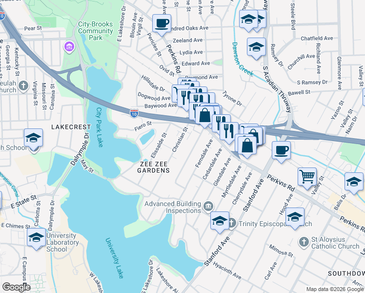 map of restaurants, bars, coffee shops, grocery stores, and more near 2215 Hollydale Avenue in Baton Rouge