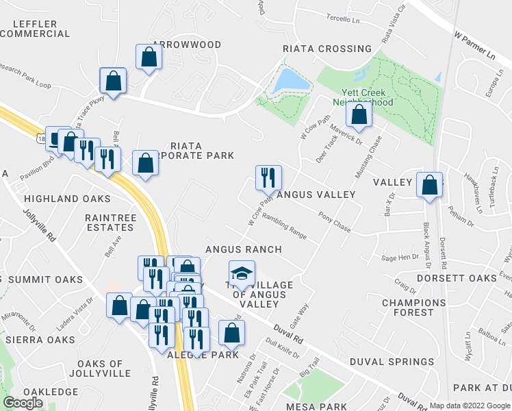 map of restaurants, bars, coffee shops, grocery stores, and more near 12010 West Cow Path in Austin