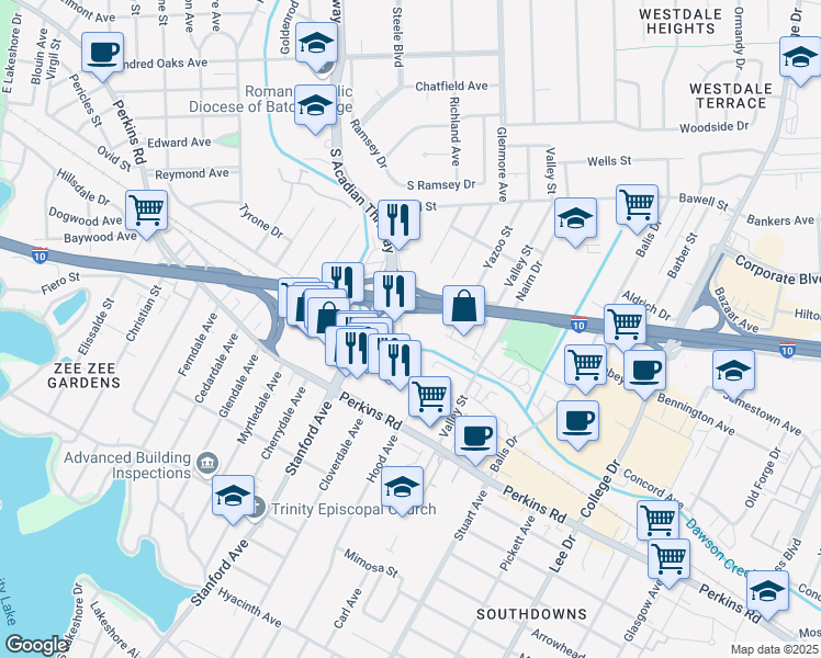 map of restaurants, bars, coffee shops, grocery stores, and more near 2421 South Acadian Thruway in Baton Rouge