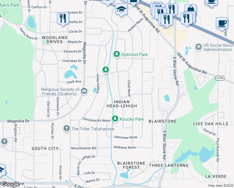 map of restaurants, bars, coffee shops, grocery stores, and more near 1926 East Indianhead Drive in Tallahassee