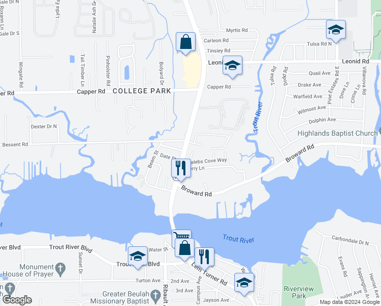 map of restaurants, bars, coffee shops, grocery stores, and more near 10332 Watercrest Court in Jacksonville