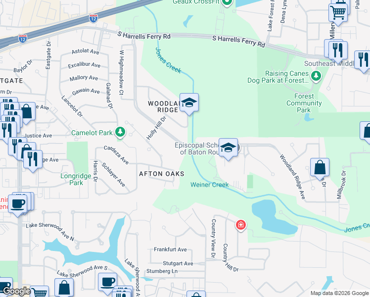 map of restaurants, bars, coffee shops, grocery stores, and more near 3146 Woodland Ridge Boulevard in Baton Rouge