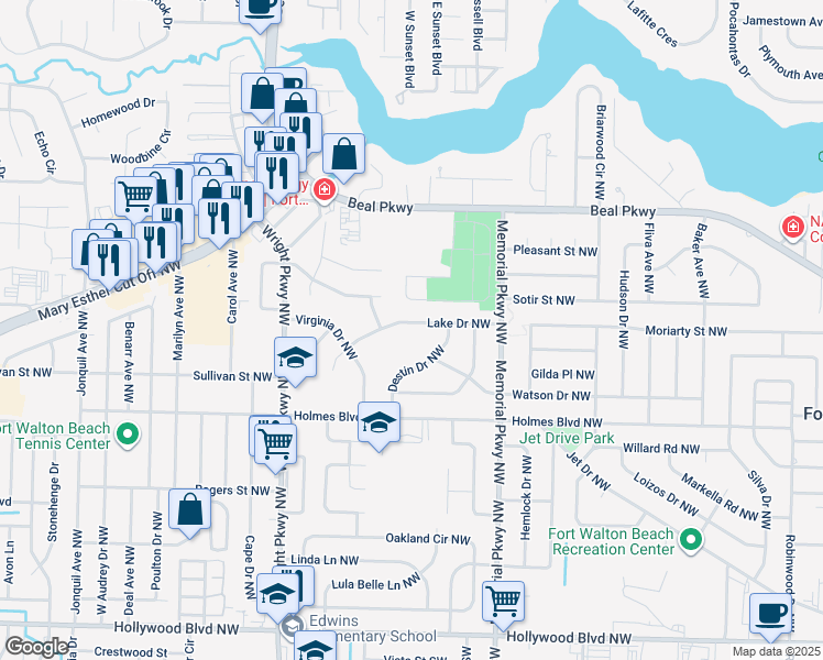 map of restaurants, bars, coffee shops, grocery stores, and more near 324 Lake Drive Northwest in Fort Walton Beach