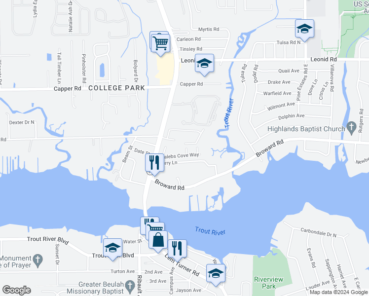 map of restaurants, bars, coffee shops, grocery stores, and more near 10328 Riverwalk Court in Jacksonville