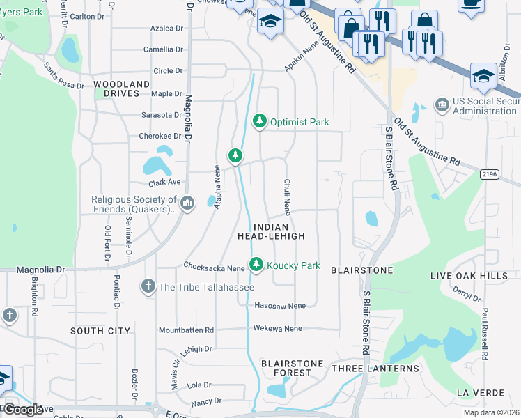 map of restaurants, bars, coffee shops, grocery stores, and more near 1926 East Indianhead Drive in Tallahassee