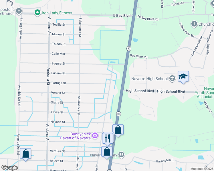 map of restaurants, bars, coffee shops, grocery stores, and more near 2416 Frontera Street in Navarre