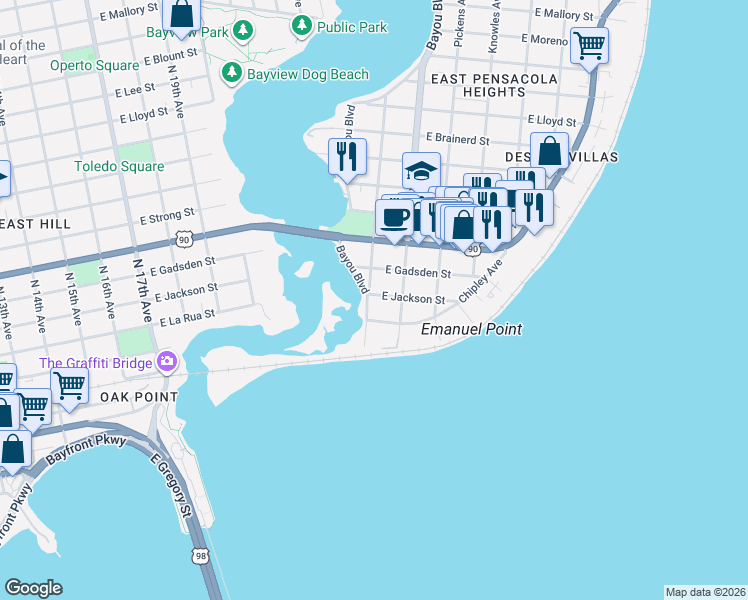 map of restaurants, bars, coffee shops, grocery stores, and more near 2861 East Jackson Street in Pensacola