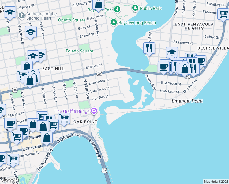 map of restaurants, bars, coffee shops, grocery stores, and more near 1920 East La Rua Street in Pensacola