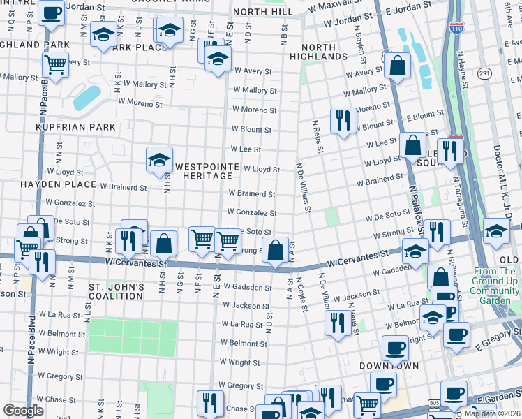 map of restaurants, bars, coffee shops, grocery stores, and more near 1019 North C Street in Pensacola