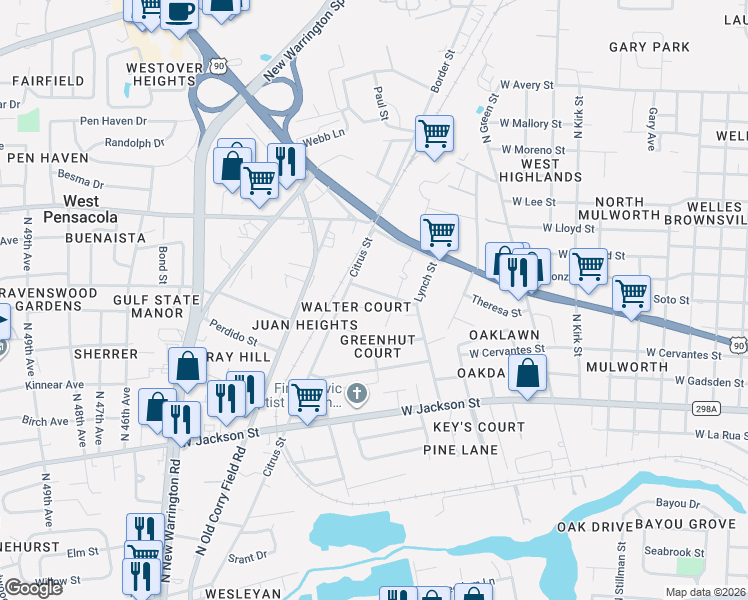 map of restaurants, bars, coffee shops, grocery stores, and more near 4207 Anthony Street in Pensacola