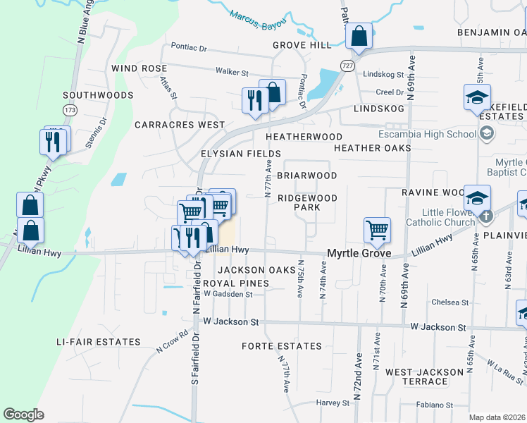 map of restaurants, bars, coffee shops, grocery stores, and more near 900 North 77th Avenue in Pensacola