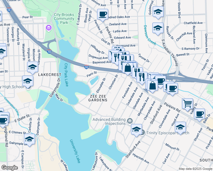 map of restaurants, bars, coffee shops, grocery stores, and more near 2191 Christian Street in Baton Rouge
