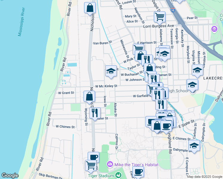 map of restaurants, bars, coffee shops, grocery stores, and more near 2720 Alaska Street in Baton Rouge