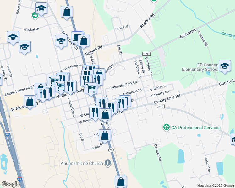 map of restaurants, bars, coffee shops, grocery stores, and more near 203 East Watson Street in Willis
