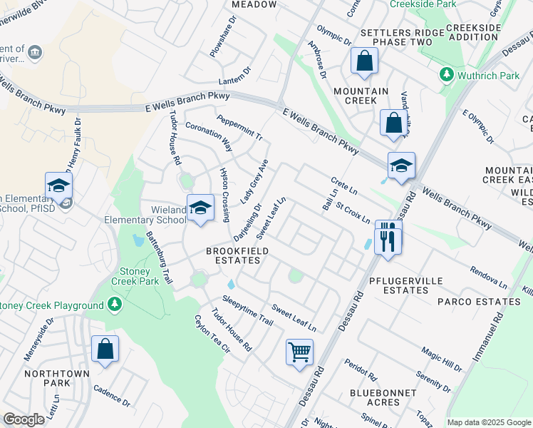 map of restaurants, bars, coffee shops, grocery stores, and more near 904 Sweet Leaf Lane in Pflugerville