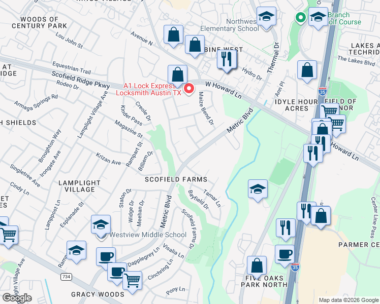 map of restaurants, bars, coffee shops, grocery stores, and more near 13389-13447 Metric Boulevard in Austin