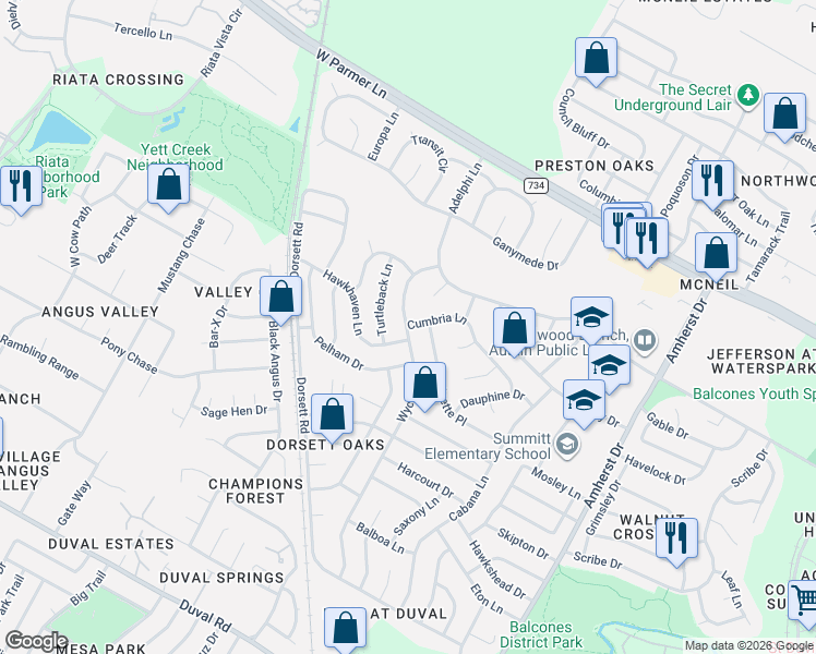 map of restaurants, bars, coffee shops, grocery stores, and more near 12314 Antoinette Place in Austin