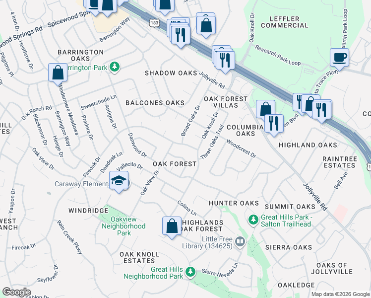 map of restaurants, bars, coffee shops, grocery stores, and more near 6707 Fireoak Drive in Austin