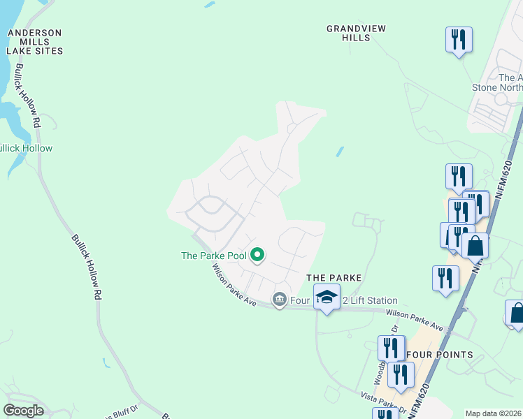 map of restaurants, bars, coffee shops, grocery stores, and more near 8045 Denali Parkway in Austin